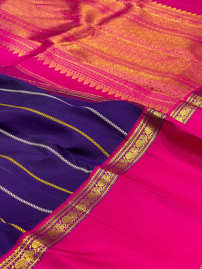 Indigo Purple and Magenta Thread Panel Kanjivaram Silk Sari - Clio Silks