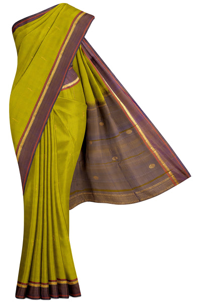 Leaf Green Stripes and Purple Pure Kanjivaram Silk Saree - Clio Silks