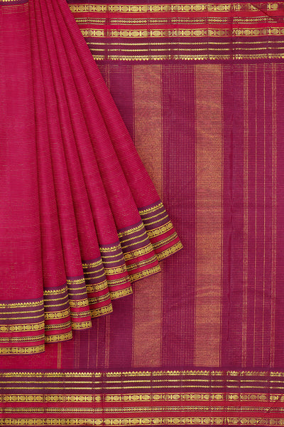 Ruby Pink Zari Stripes Pure Kanjivaram Silk Sari - Clio Silks
