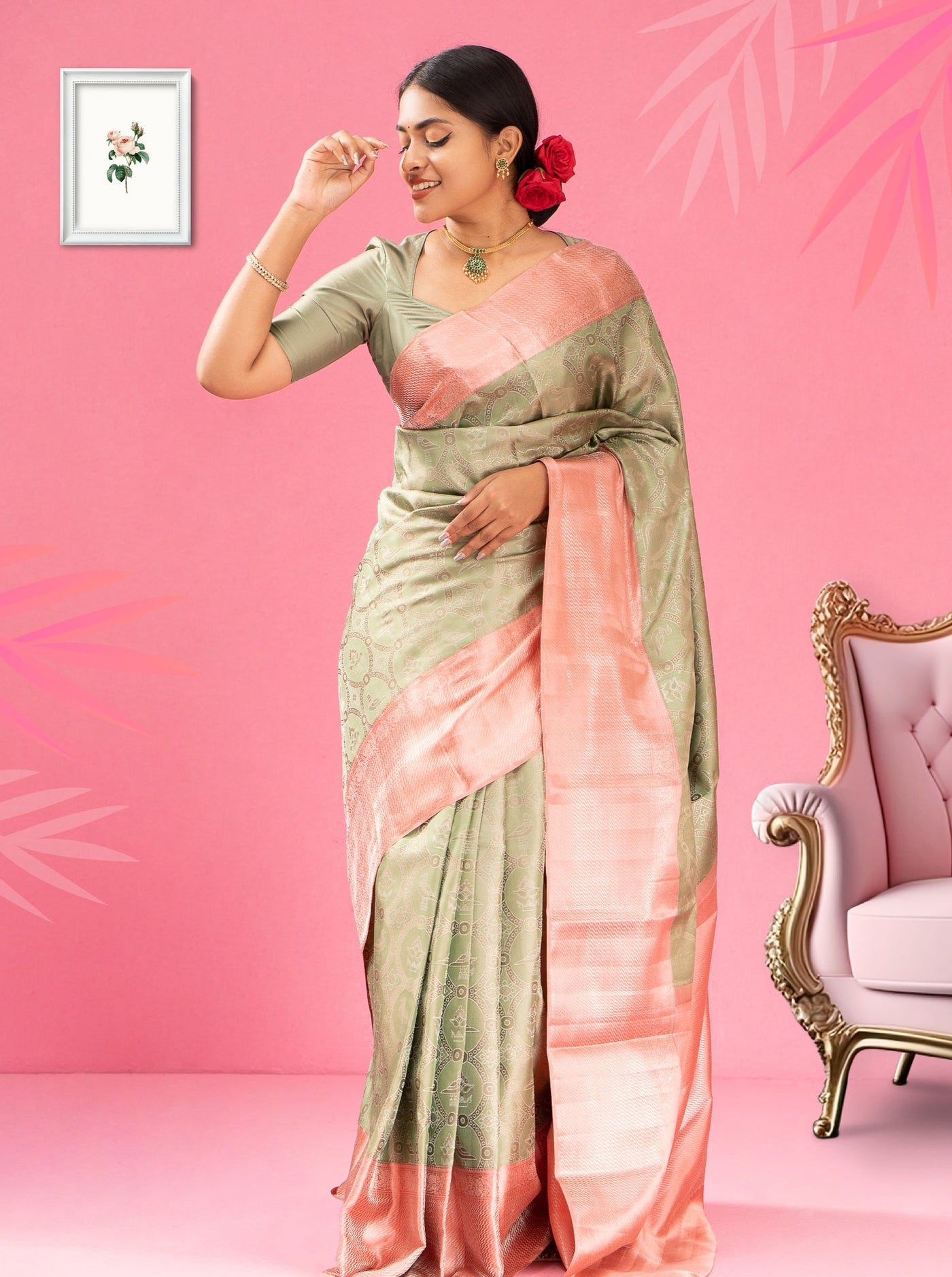 Mint Green and Peach Floral Pure Kanjivaram Silk Sari - Clio Silks