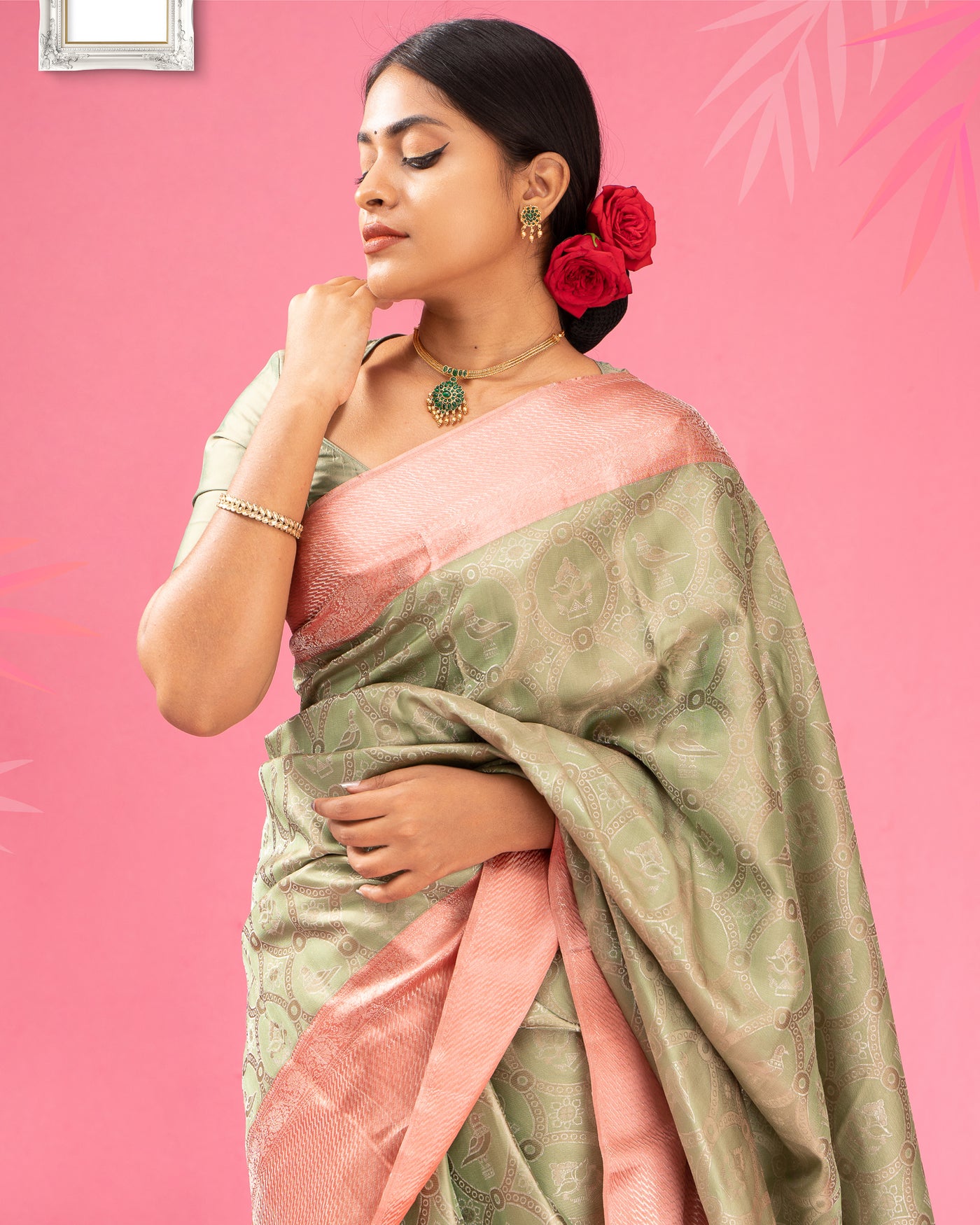 Mint Green and Peach Floral Pure Kanjivaram Silk Sari - Clio Silks