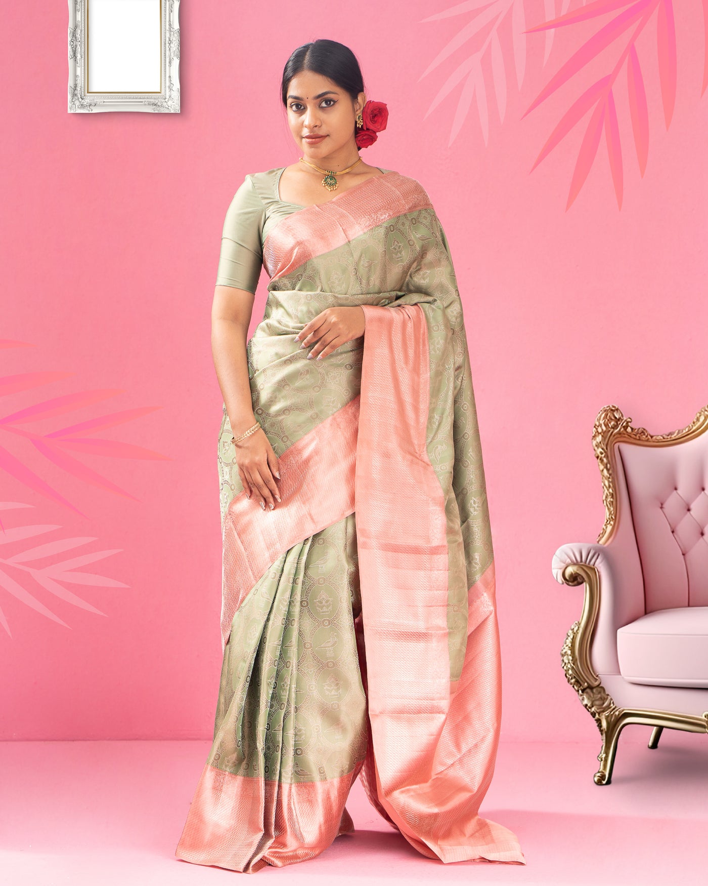 Mint Green and Peach Floral Pure Kanjivaram Silk Sari - Clio Silks