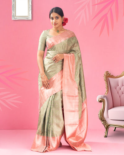 Mint Green and Peach Floral Pure Kanjivaram Silk Sari - Clio Silks