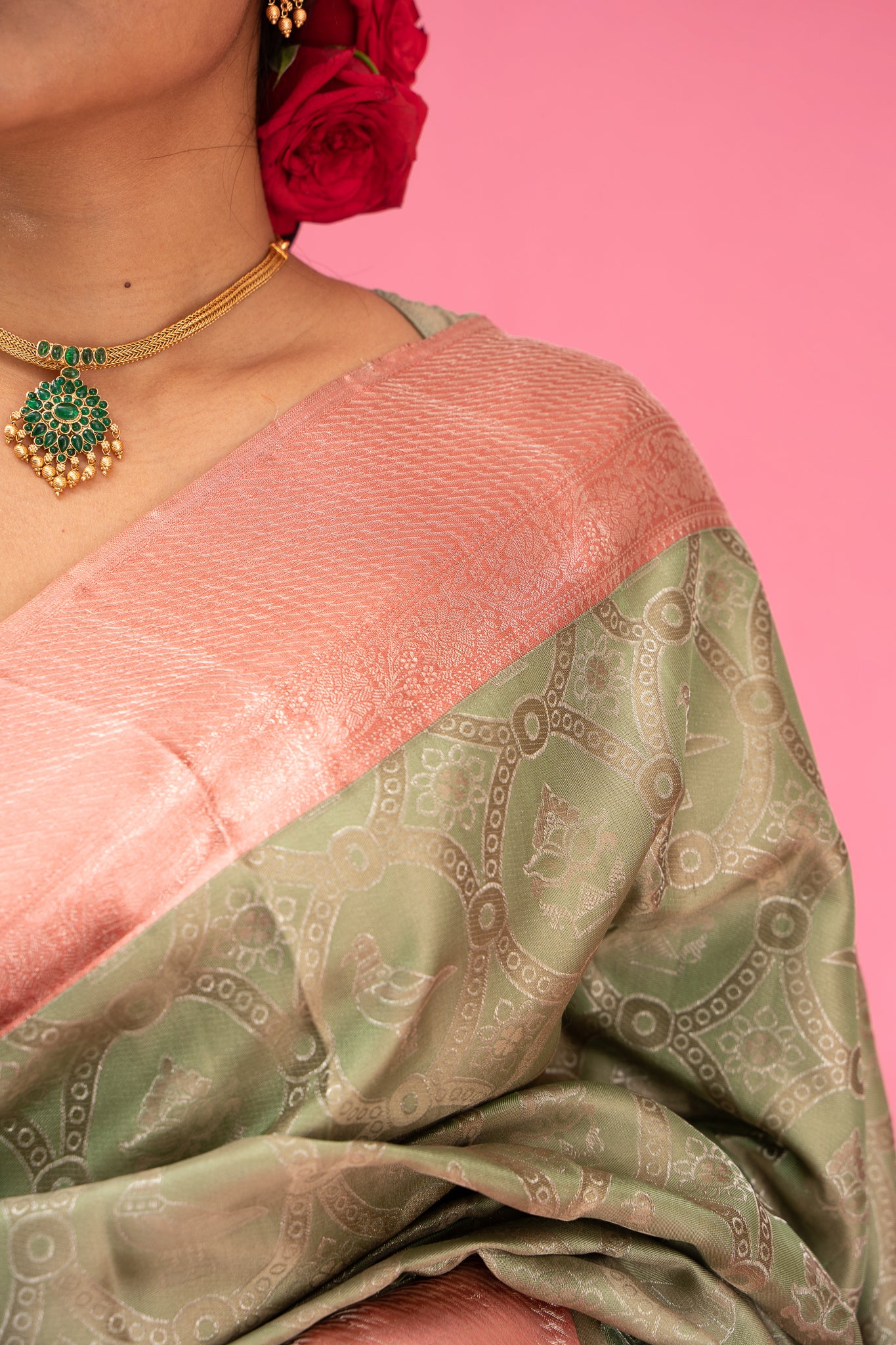 Mint Green and Peach Floral Pure Kanjivaram Silk Sari - Clio Silks