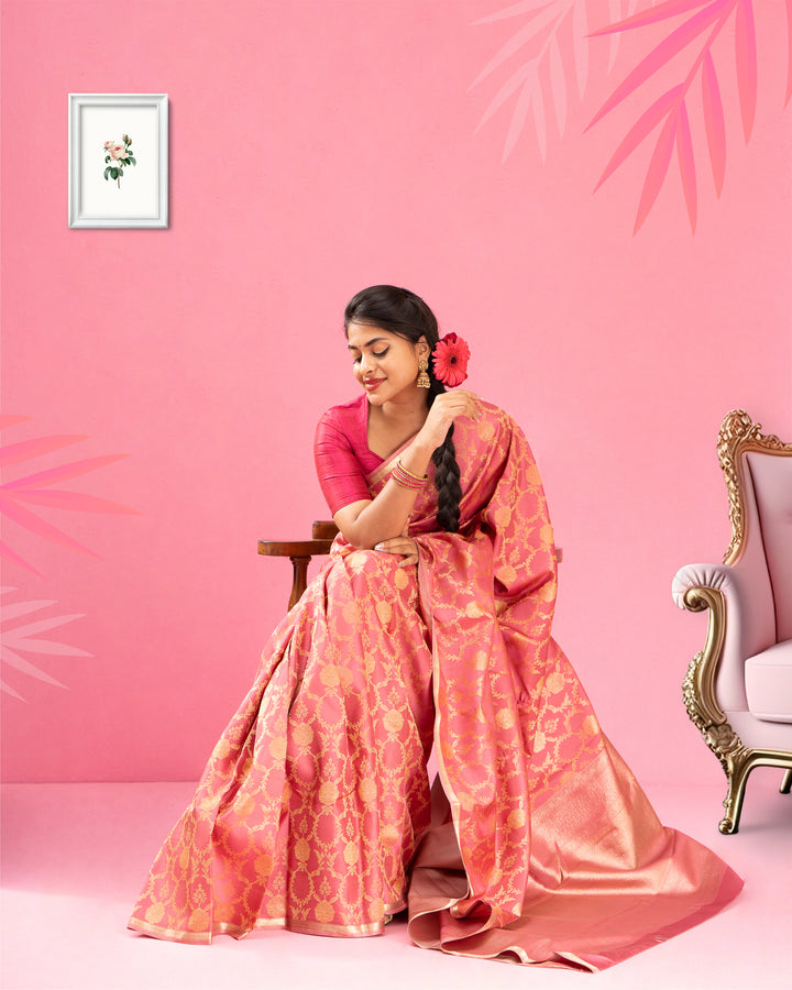 Carnation Pink Thread Floral Brocade Pure Kanjivaram Silk Sari - Clio Silks