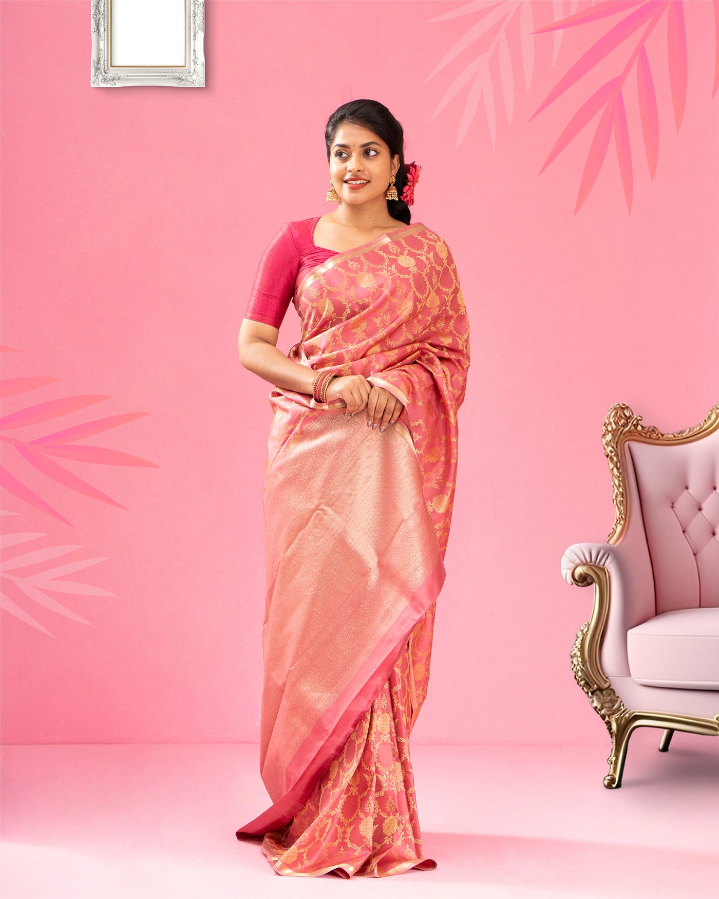 Carnation Pink Thread Floral Brocade Pure Kanjivaram Silk Sari - Clio Silks