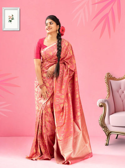 Carnation Pink Thread Floral Brocade Pure Kanjivaram Silk Sari - Clio Silks