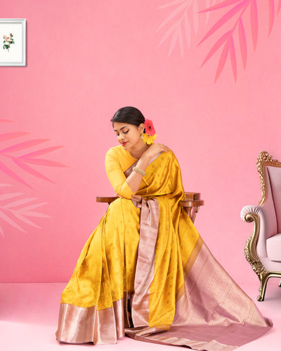 Golden Yellow and Mauve Jacquard Pure Kanjivaram Silk Sari - Clio Silks
