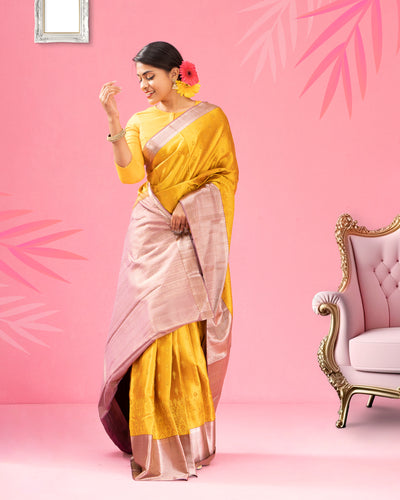 Golden Yellow and Mauve Jacquard Pure Kanjivaram Silk Sari - Clio Silks