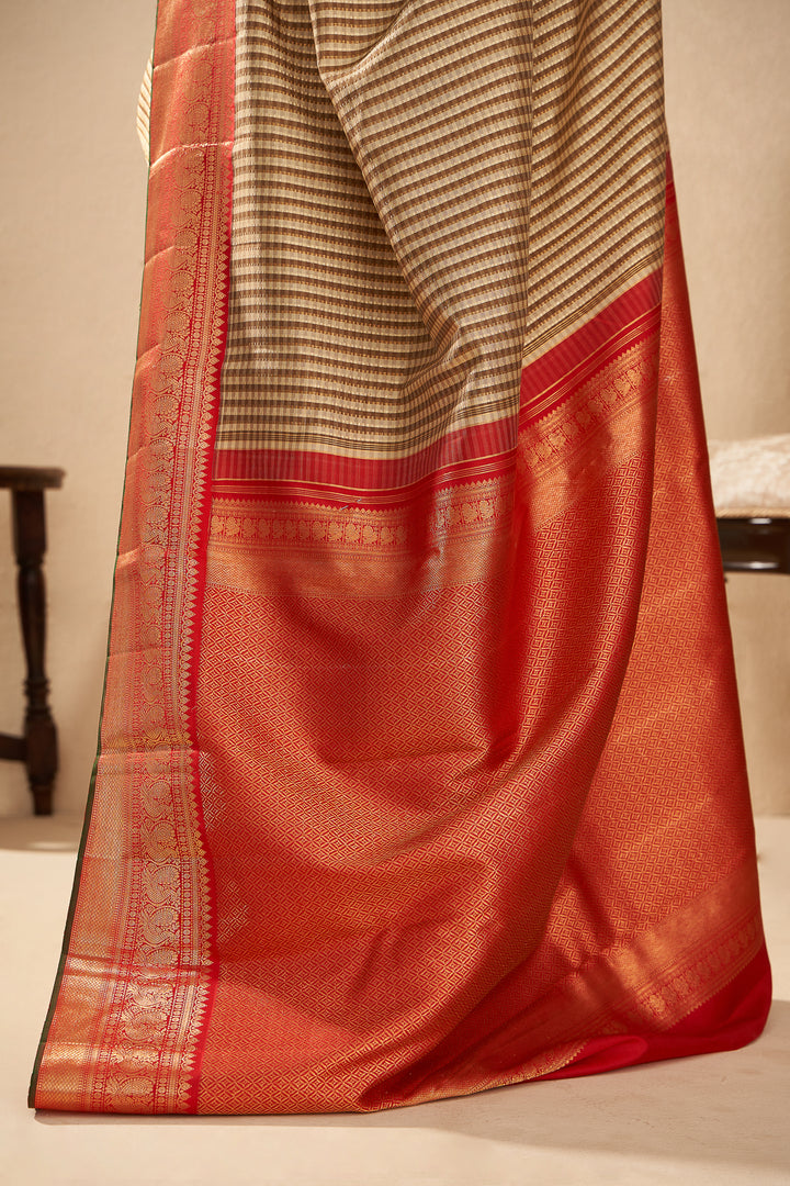 Beige and Ivory Pin Tuck Stripes Pure Zari Kanjivaram Silk Sari - Clio Silks