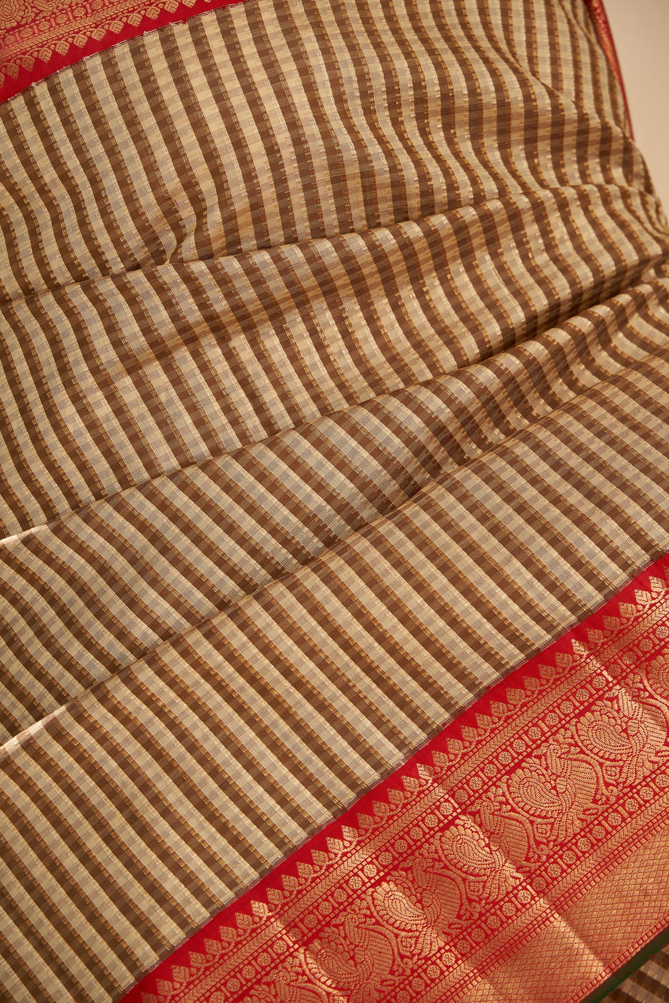 Beige and Ivory Pin Tuck Stripes Pure Zari Kanjivaram Silk Sari - Clio Silks