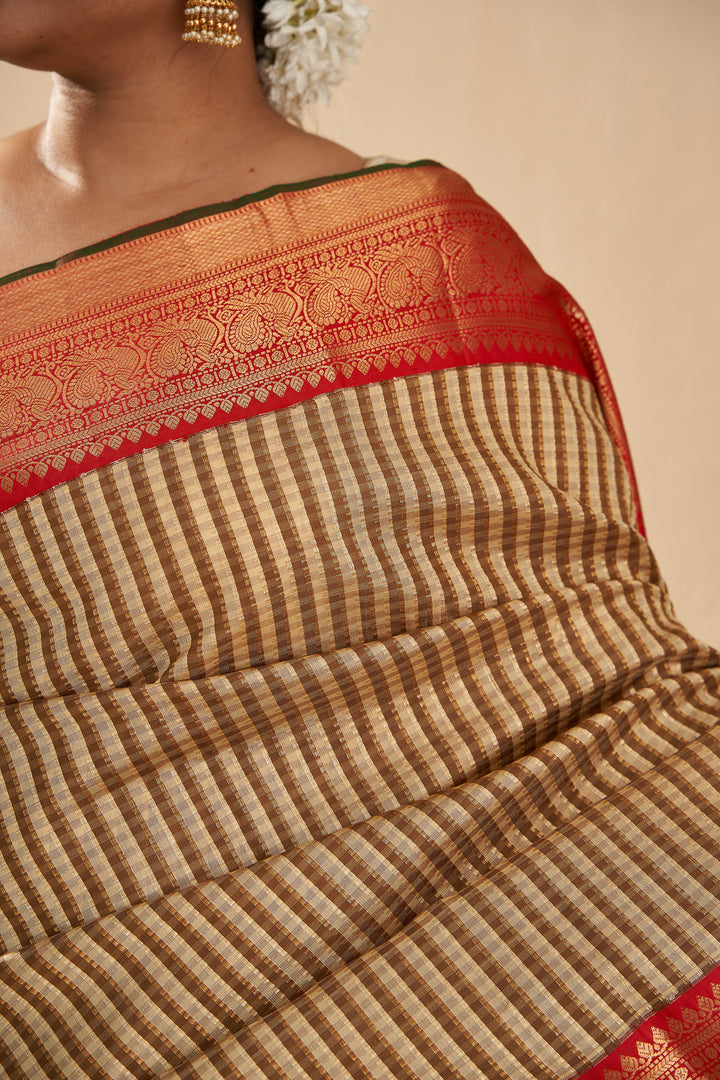 Beige and Ivory Pin Tuck Stripes Pure Zari Kanjivaram Silk Sari - Clio Silks