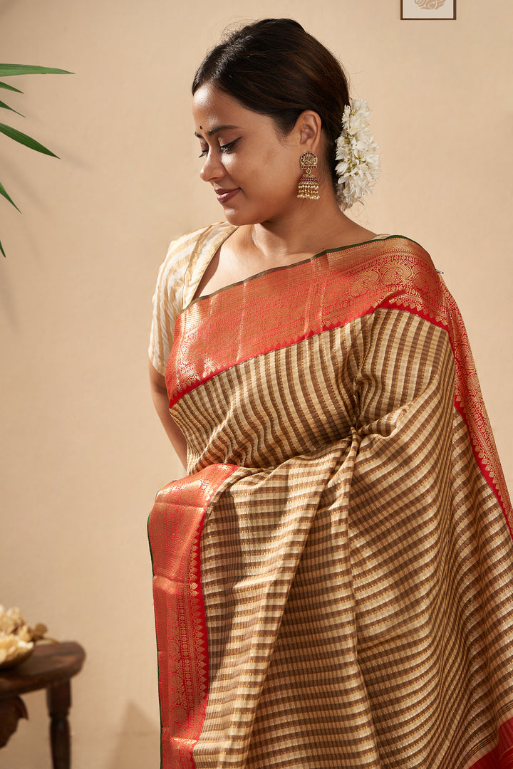 Beige and Ivory Pin Tuck Stripes Pure Zari Kanjivaram Silk Sari - Clio Silks