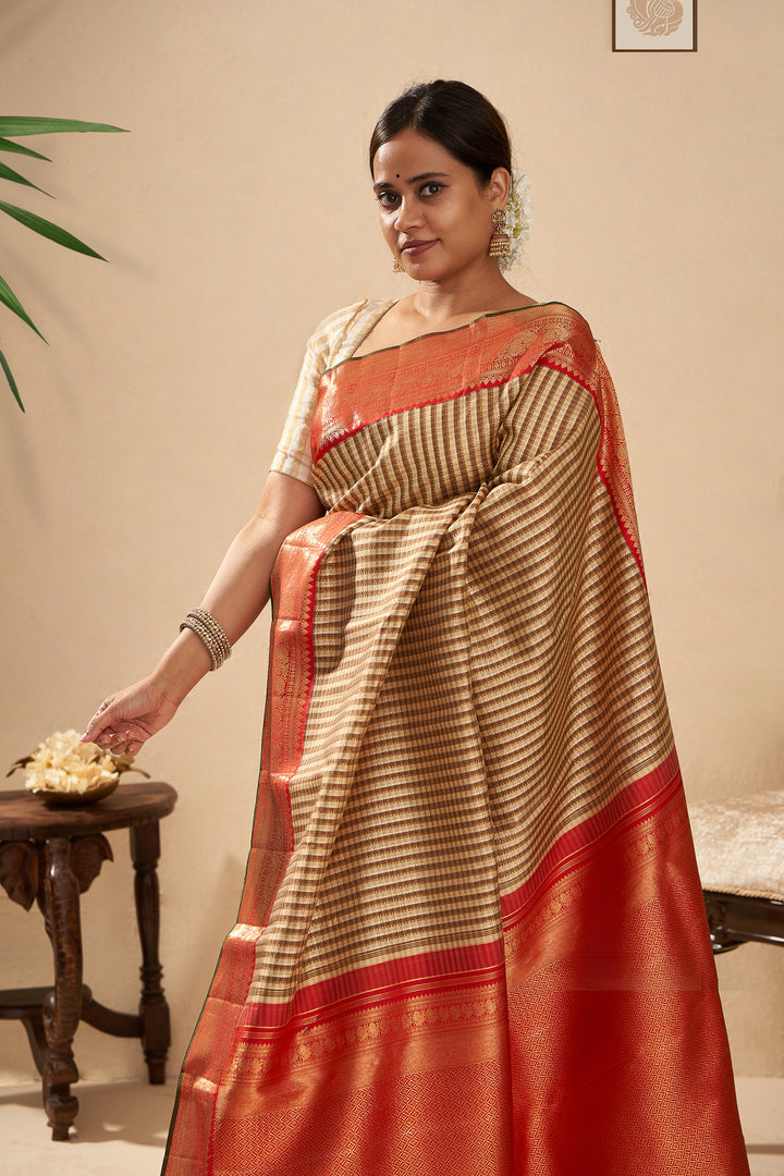 Beige and Ivory Pin Tuck Stripes Pure Zari Kanjivaram Silk Sari - Clio Silks