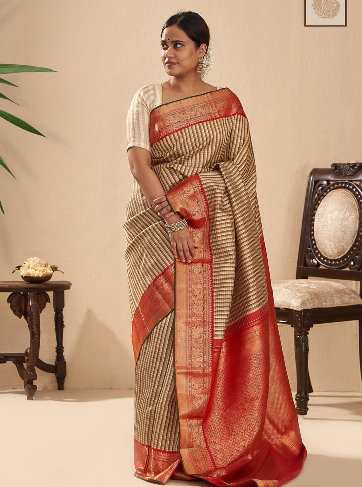 Beige and Ivory Pin Tuck Stripes Pure Zari Kanjivaram Silk Sari - Clio Silks