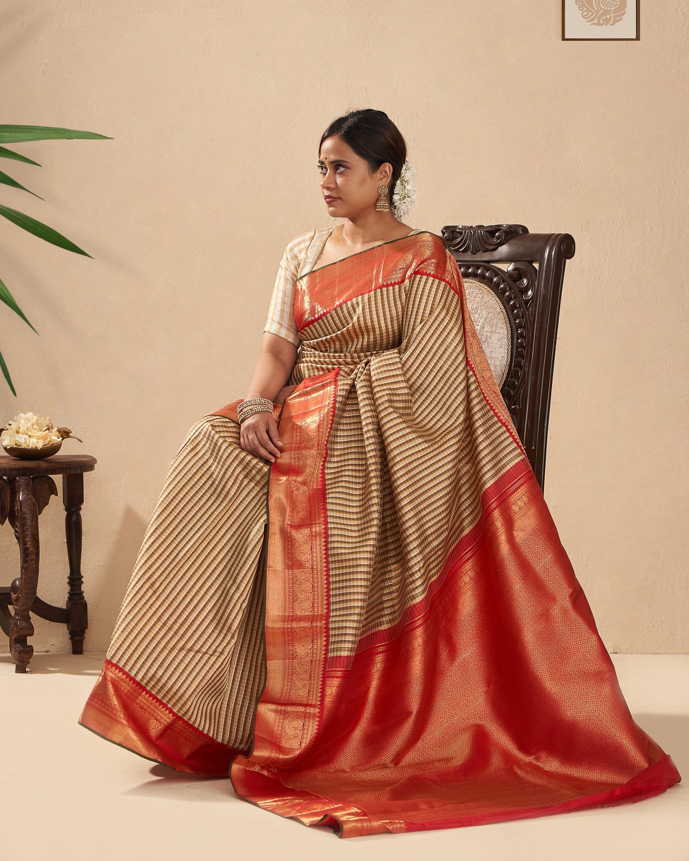 Beige and Ivory Pin Tuck Stripes Pure Zari Kanjivaram Silk Sari - Clio Silks
