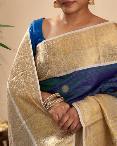 Peacock Blue and Ivory Pure Zari Kanjivaram Silk Sari - Clio Silks