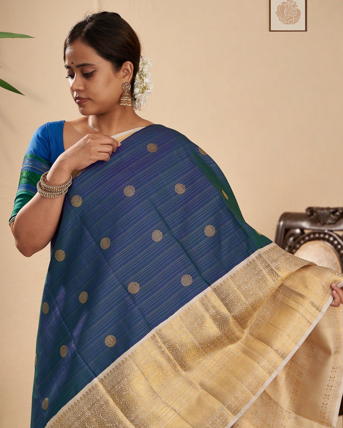 Peacock Blue and Ivory Pure Zari Kanjivaram Silk Sari - Clio Silks