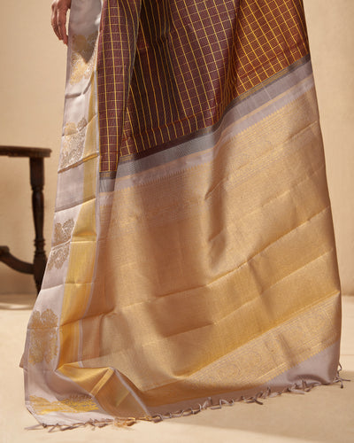 Dark Amber Maroon and Grey Traditional Kanjivaram Silk Sari - Clio Silks