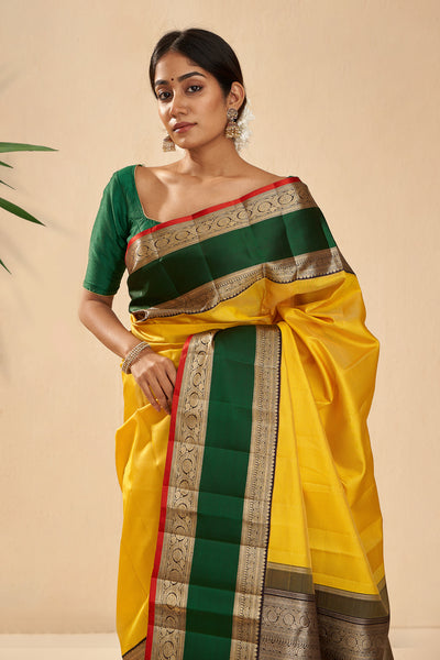 Golden Yellow and Bottle Green Rettai Pettu Pure Zari Kanjivaram Silk Sari - Clio Silks