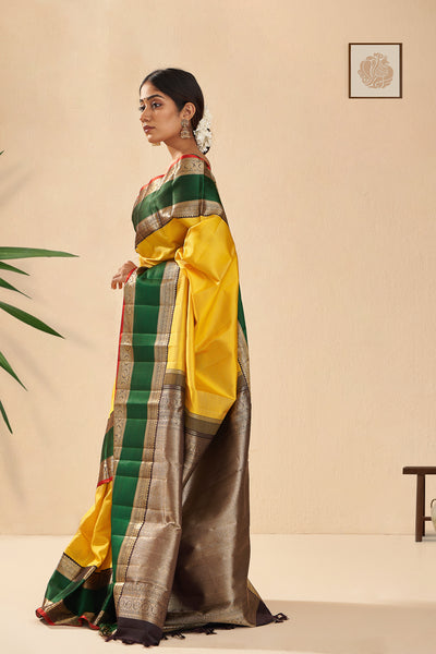 Golden Yellow and Bottle Green Rettai Pettu Pure Zari Kanjivaram Silk Sari - Clio Silks