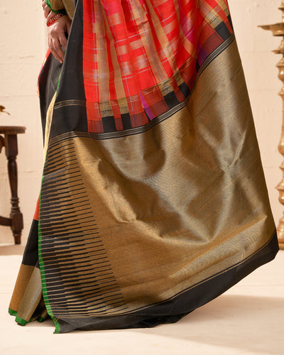 Multi Checks Double Border Pure Zari Kanjivaram Silk Sari - Clio Silks