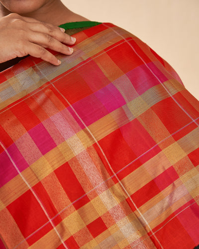 Multi Checks Double Border Pure Zari Kanjivaram Silk Sari - Clio Silks