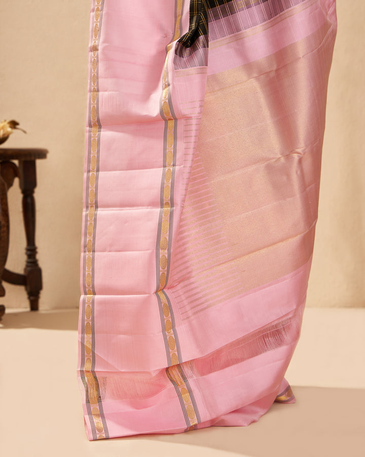 Black Checks and Blush Pink Rettai Pettu Pure Zari Kanjivaram Silk Sari - Clio Silks