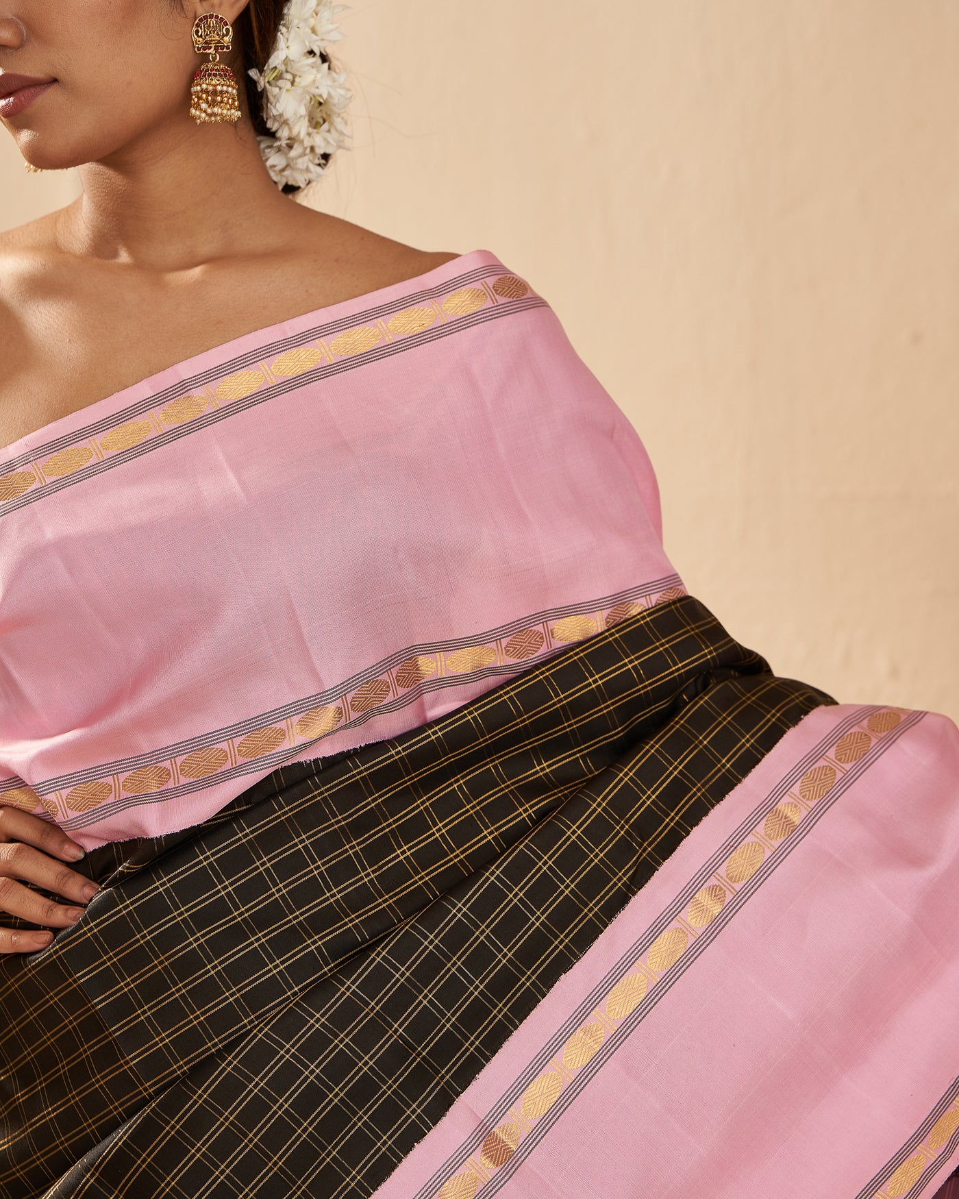 Black Checks and Blush Pink Rettai Pettu Pure Zari Kanjivaram Silk Sari - Clio Silks