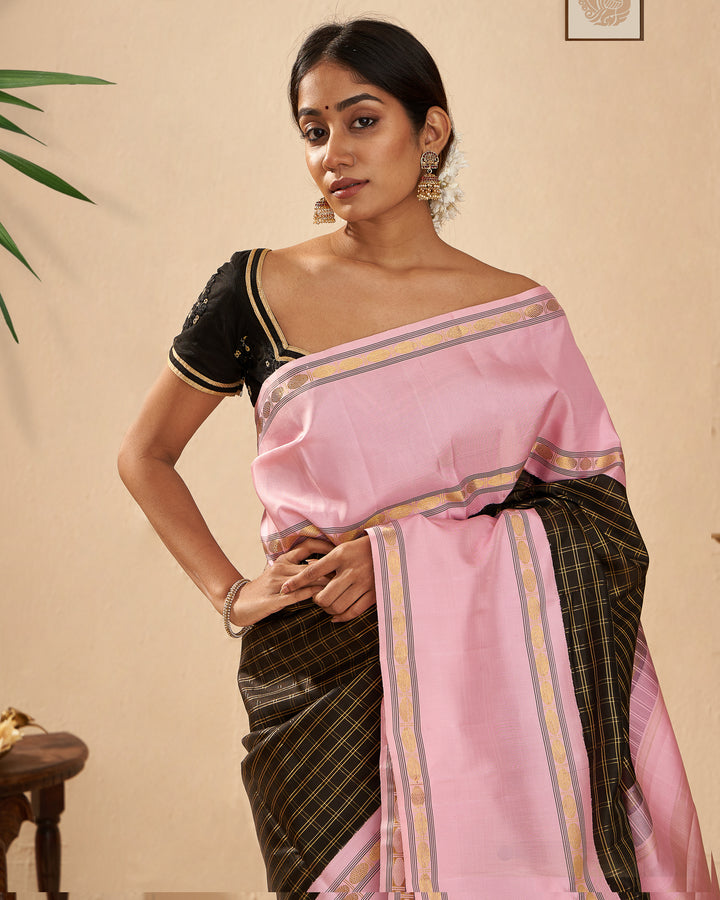 Black Checks and Blush Pink Rettai Pettu Pure Zari Kanjivaram Silk Sari - Clio Silks