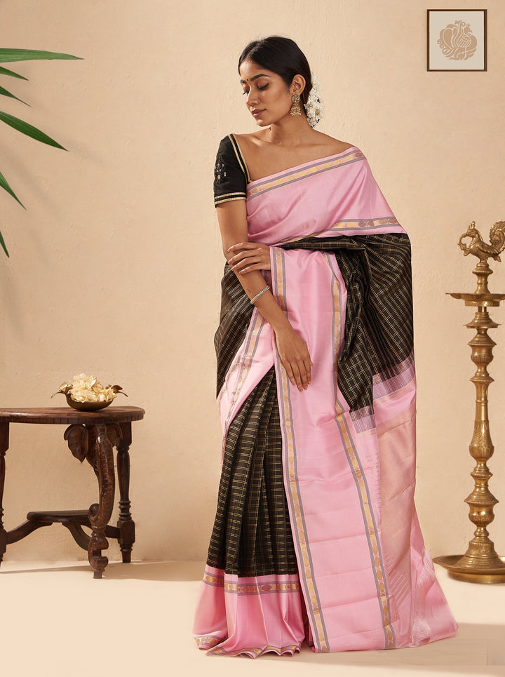 Black Checks and Blush Pink Rettai Pettu Pure Zari Kanjivaram Silk Sari - Clio Silks