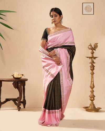 Black Checks and Blush Pink Rettai Pettu Pure Zari Kanjivaram Silk Sari - Clio Silks