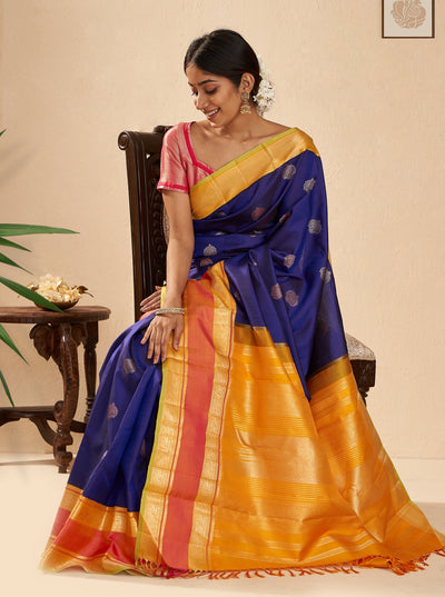 Royal Blue and Yellow Pure Zari Heritage Kanjivaram Silk Sari - Clio Silks