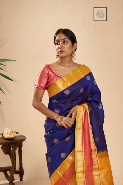Royal Blue and Yellow Pure Zari Heritage Kanjivaram Silk Sari - Clio Silks