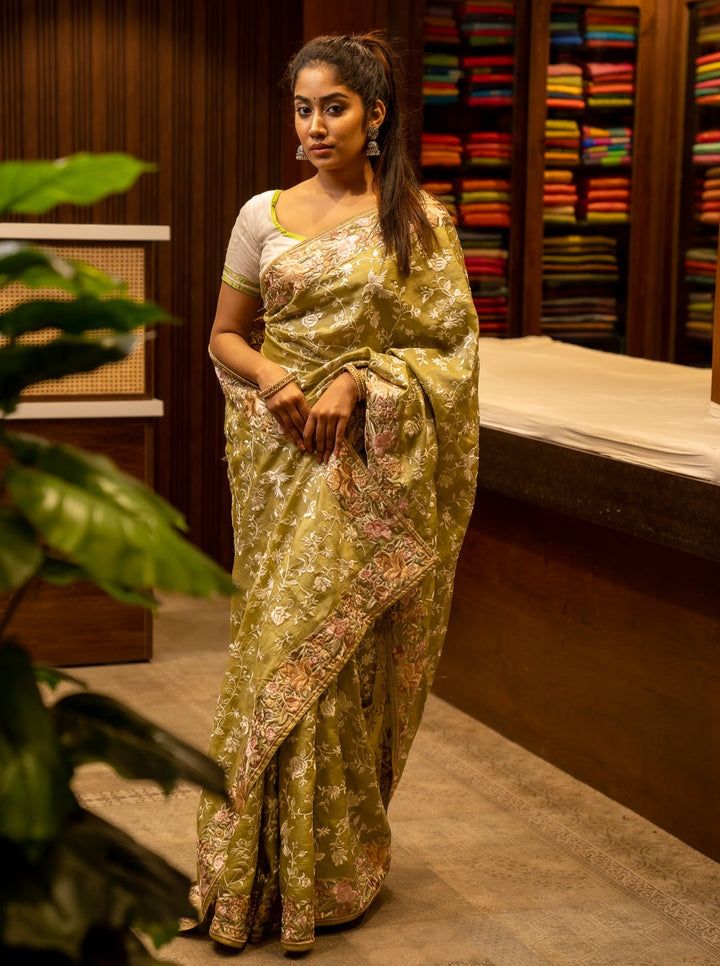 Apple Green Resham Embroidered Pure Tussar Sari - Clio Silks