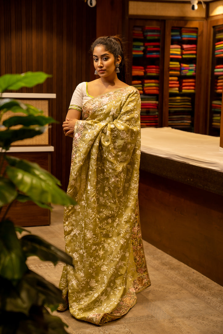 Apple Green Resham Embroidered Pure Tussar Sari - Clio Silks