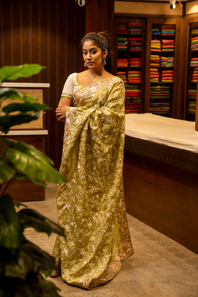 Apple Green Resham Embroidered Pure Tussar Sari - Clio Silks