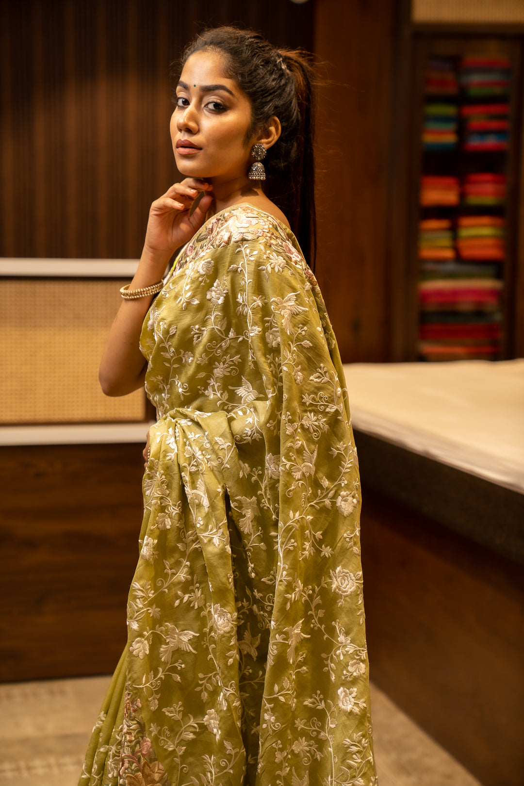 Apple Green Resham Embroidered Pure Tussar Sari - Clio Silks