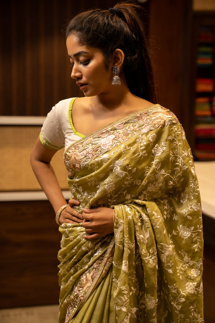 Apple Green Resham Embroidered Pure Tussar Sari - Clio Silks