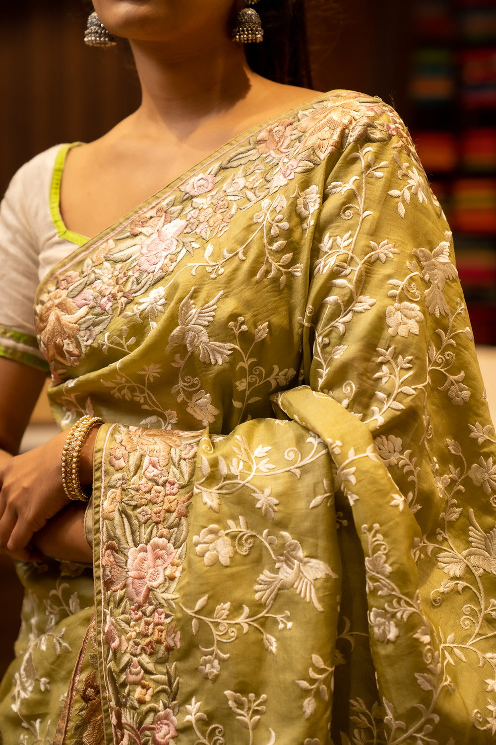 Apple Green Resham Embroidered Pure Tussar Sari - Clio Silks