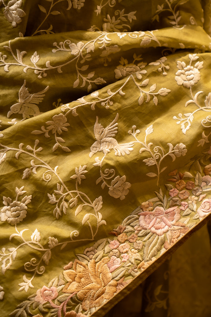 Apple Green Resham Embroidered Pure Tussar Sari - Clio Silks