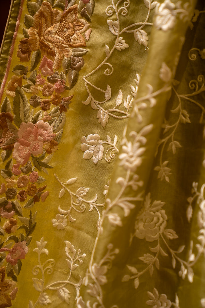 Apple Green Resham Embroidered Pure Tussar Sari - Clio Silks