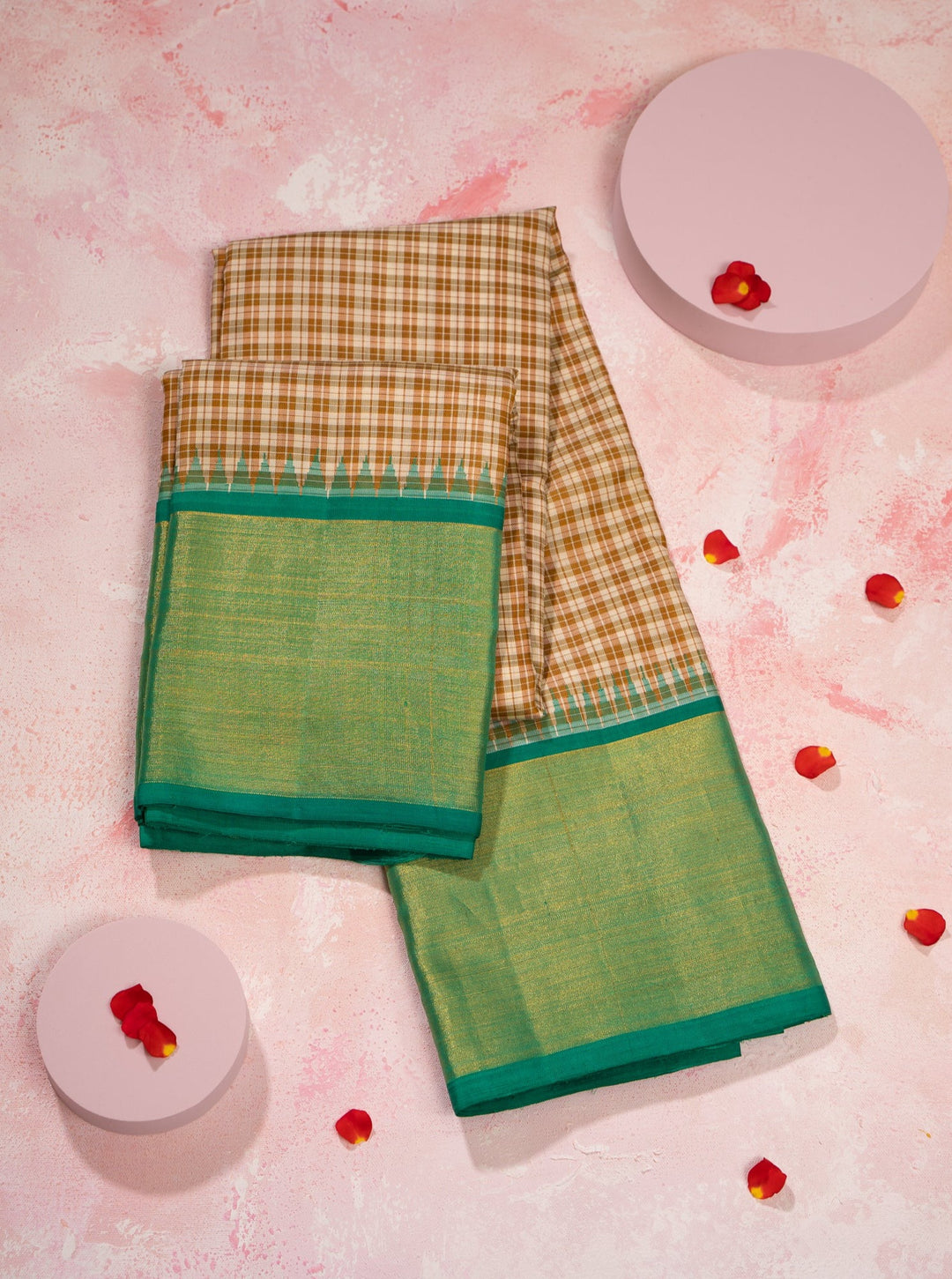 Beige and Teal Green Korvai Checks Pure Kanjivaram Silk Sari - Clio Silks