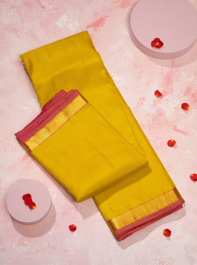 Lime Yellow and Pink Malli Moggu Pure Kanjivaram Silk Sari - Clio Silks