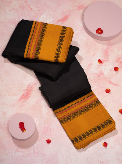 Black and Mustard Korvai Pattu Pettu Kanjivaram Silk Sari - Clio Silks