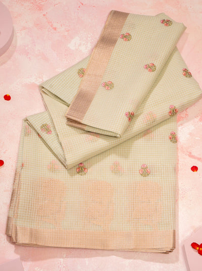 Mint Green Embroidered Banaras Cotton Silk Sari - Clio Silks
