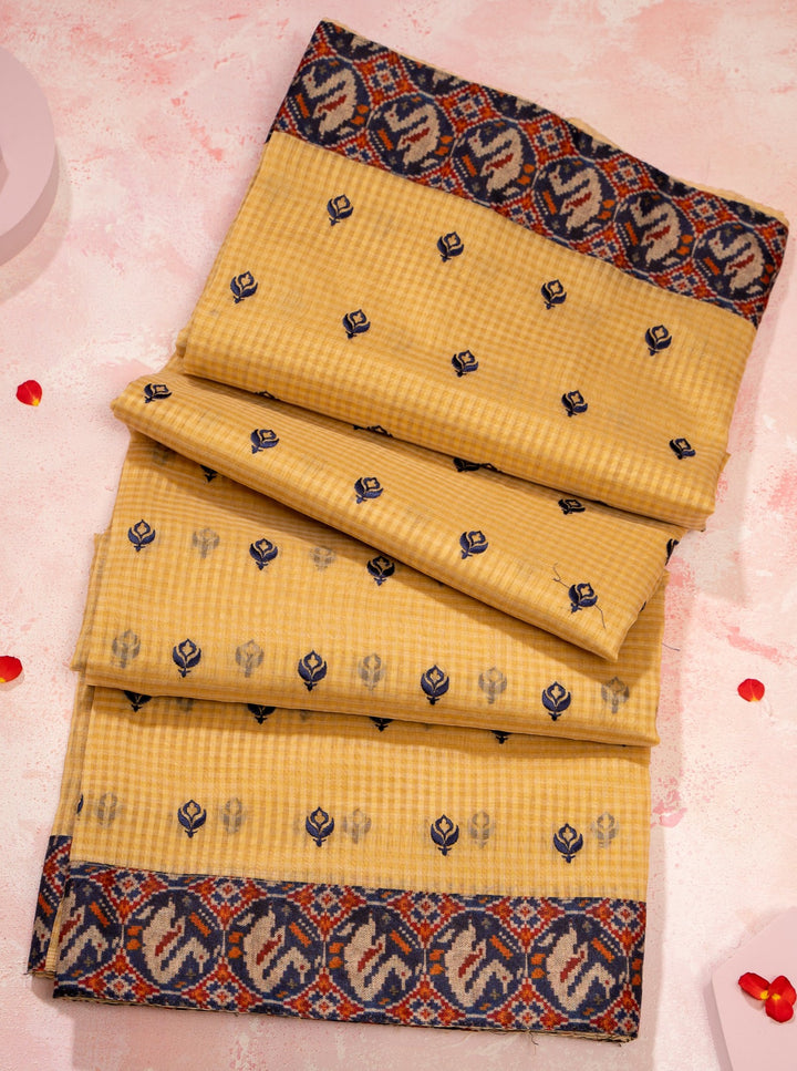 Cream Embroidered Ikat Border Kota Sari - Clio Silks