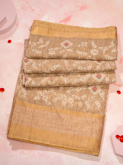 Beige and Gold Embroidered Tussar Sari - Clio Silks