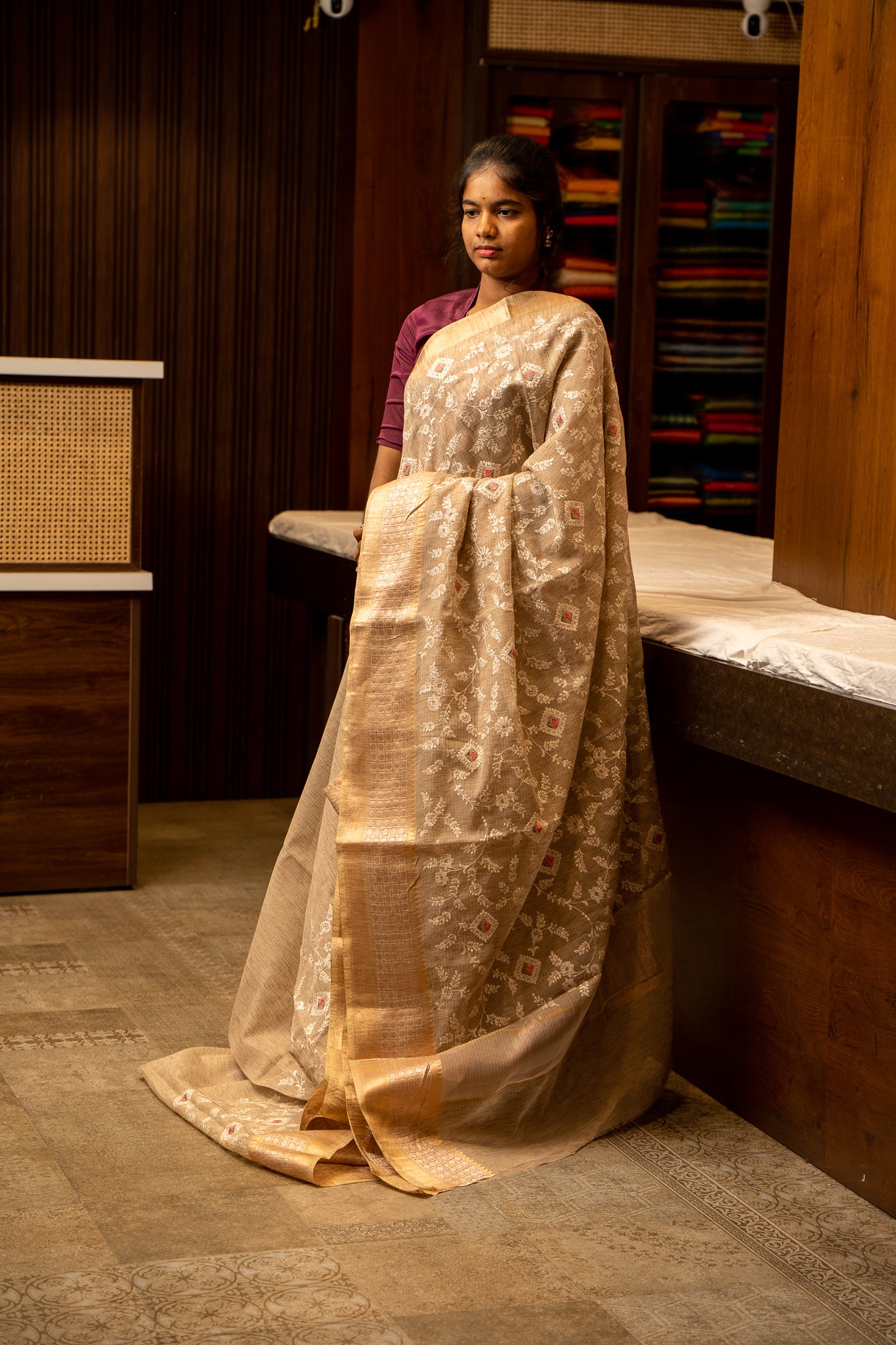 Beige and Gold Embroidered Tussar Sari - Clio Silks