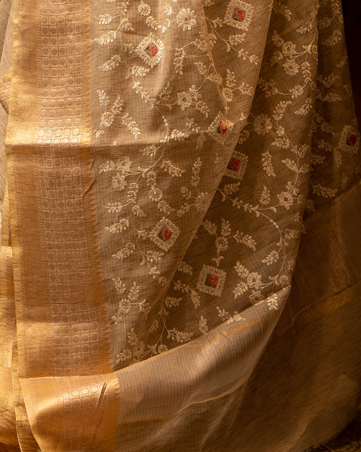 Beige and Gold Embroidered Tussar Sari - Clio Silks